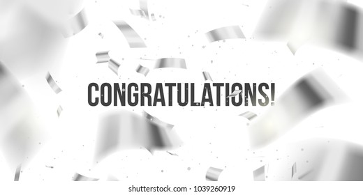 Greeting card with Silver Confetti. Congratuletions! Tinsel. Vector Illustration of Falling Shiny Confetti Glitters Isolated on Transparent Background. Holiday Decorative Element for Design.