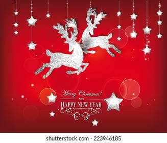 Greeting card with silver shiny deers and christmas decorations