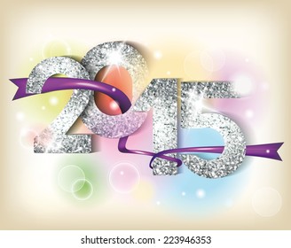 Greeting card with silver shiny numerics and purple ribbon