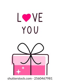 greeting card simple and cute design pink color with letters love you, gift box vector illutration for Valentine's Day cards, wrapping paper or digital backgrounds.