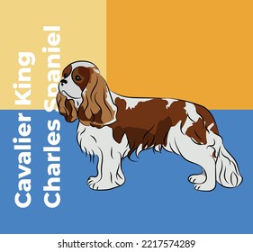 Greeting Card With A Sitting Staying Cavalier King Charles Spaniel Breed Dog. Colorful Dog Art. The Postcard Is For Dog Lovers. Pet Character Postcard Art. Funny Dog Mascot, Detailed Pet Illustration.