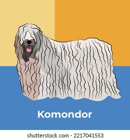 Greeting card with a sitting staying Komondor breed dog. Colorful dog art. The postcard is for dog lovers. Pet character postcard art. Funny dog mascot, and a detailed pet illustration.