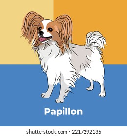 Greeting card with a sitting staying Papillon breed dog. Colorful dog art. The postcard is for dog lovers. Pet character postcard art. Funny dog mascot, and a detailed pet illustration. White  lemon.