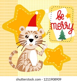Greeting card with sitting white tiger saying - Be merry. Vector illustration for winter festive designs, christmas postcards and banners.