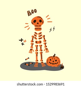 Greeting card with skeleton.Halloween party invitations with handwritten calligraphy and traditional symbols.Happy Halloween.Boo text.Flat design.Vector illustration.Poster with skeleton and pumpkin.