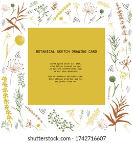 Greeting card with sketch drawing plants. Silhouette flowers, branches and leaves. Colorful vector illustration. Ecological template for your design.