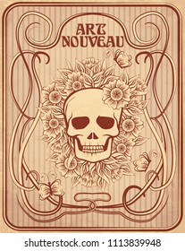 Greeting card with skull and flowers in art nouveau style, vector illustration