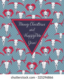 Greeting card with skulls. Line drawing. Christmas, mystical mood.