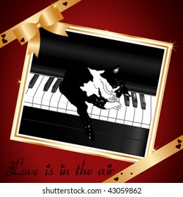 Greeting card with sleeping pussycat on piano