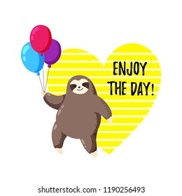 Greeting card with sloth holding balloons. Template for printing, web design, postcard
