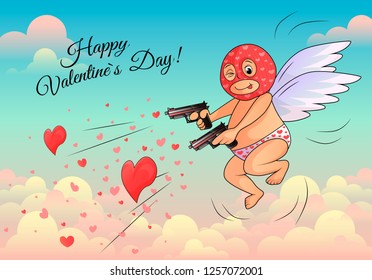 Greeting card. A small Cupid flies high in a clear blue sky and pink clouds. On the Amur wearing a balaclava mask and in the hands of a gun firing hearts instead of bullets. Cherub aims at the frame. 