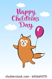 Greeting card smiling animal dancing with the lettering for childrens day. Cartoon happy fox with balloon, hand drawing. Vector illustration