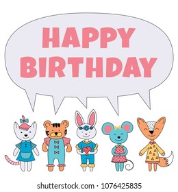 Greeting card with smiling animals wishing Happy Birthday to a kid. Vector illustration.