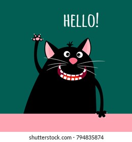 Greeting card with smiling cartoon cat and sign hello, vector illustration