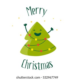 Greeting card with a smiling cartoon christmas tree and garland with lights. Flat design. Vector illustration.