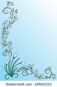 Greeting card with snowdrops and decorative floral element on a blue background. Vector Illustration 