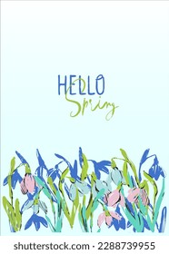 Greeting card with snowdrops and the inscription hello spring. Spring flowers hand-drawn. Vector illustration on a blue background. Isolated flower border.