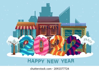 The Greeting card with snowfall cover number 2022 and lettering happy New Year, Beautiful town in city on background,  vector illustration