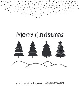 Greeting card with snowfall and pine trees. Beautiful minimalistic background. Black and white. For Christmas decorations, packaging, postcards and winter designs. Flat vector illustration