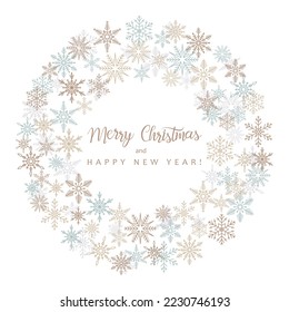 Greeting card with snowflakes. Merry Christmas and Happy New Year greetings.