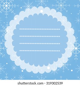 Greeting card with snowflakes. Merry Christmas and Happy New Year vintage card. Blue background, round frame with space for text. Vector illustration. Template frame design for xmas card.
