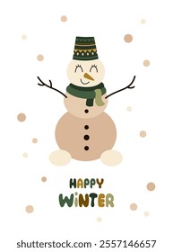 Greeting card with snowman. Christmas card. Hand draw vector illustration in flat style