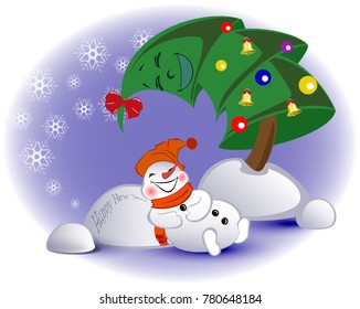 Greeting card with a snowman and a Christmas tree. EPS10 vector illustration.