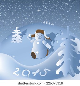greeting card with snowman and Christmas trees
