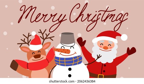 A greeting card with a Snowman, a reindeer and Santa Claus and the inscription merry Christmas.