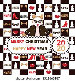greeting card with Snowman with shoes, jacket, Cat ears ring and Glasses kitty and inscription  merry christmas and happy new year 2020