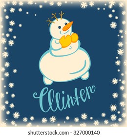 Greeting card with a snowman. Simple frame from snowflakes and the word "winter". Vector illustration.