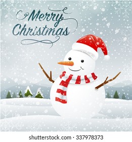 Greeting card with snowman and snowfall, Merry Christmas,vector Illustration