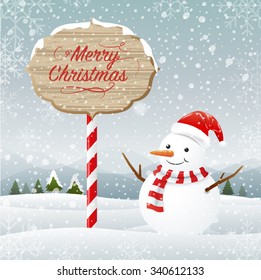 Greeting card with snowman and snowfall, Merry Christmas,vector Illustration
