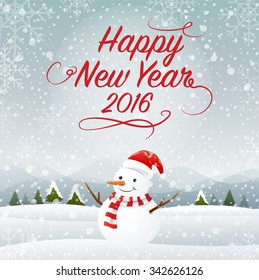 Greeting card with snowman and snowfall, Merry Christmas,vector Illustration