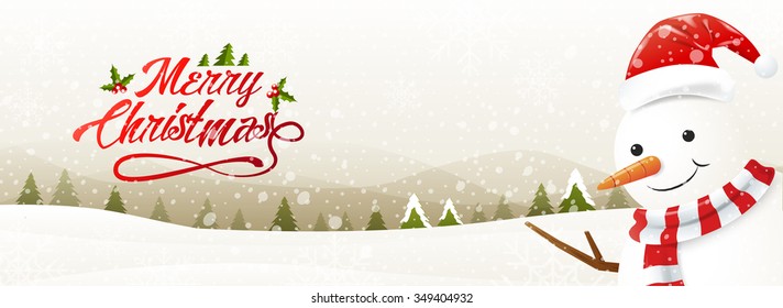 Greeting card with snowman and snowfall, Merry Christmas,vector Illustration