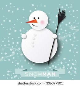 Greeting card with snowman and snowfall. Paper cut style. Enjoying Snow.