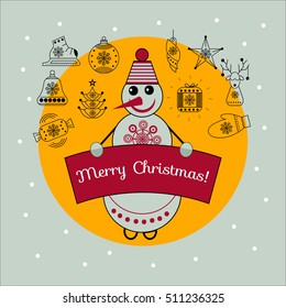 Greeting card with snowman. Vector winter banner, invitation, flyer