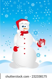 Greeting card with snowmen and snowfall