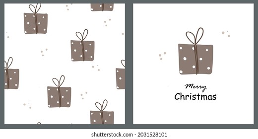Greeting card with a snowy Christmas gift box on a light background. Collection of hand drawn illustrations in flat style.
Vector holiday drawing.