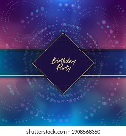  Greeting card or social media post with party invitation. Elegant design with a space background and golden frames. Vector illustration