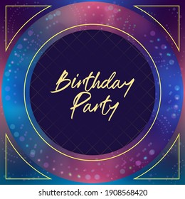  Tarjeta de saludo o publicación en medios sociales con invitación del partido. Diseño elegante con un fondo espacial y marcos dorados. Ilustración del vector
