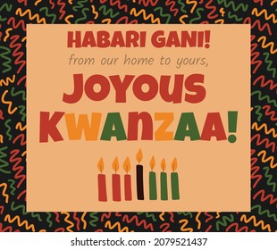 Greeting card for social media post wising Joyous Kwanzaa - African American heritage holiday in USA with  traditional seven candles Mishumaa Saba and pattern African colors - red, yellow, green