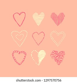 greeting card with soft colored hand drawn hearts on a pink background, vector design for a valentine's day