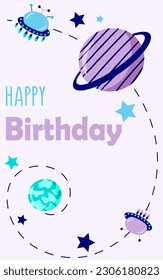 Greeting card with space theme on lilac background. Copy space. Cartoon vector illustration.