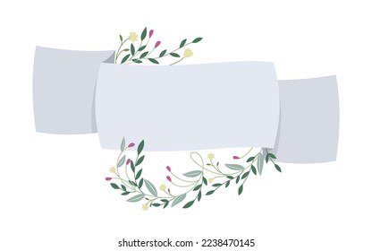 Greeting card with space for your text. Ribbon banner with leaves, flowers and branches.