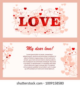 Greeting card with sparkling red text Love. Heart and Fashionable polygonal abstract mesh on beautiful pink background. For engagement, wedding, Valentine Day. Horizontal design.