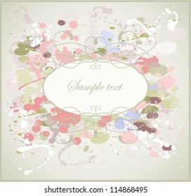 Greeting card with splashes, drops  and  vignette. Decorative frame from drops and splashes and vignette.