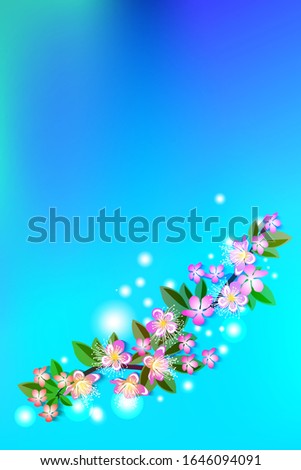  Greeting card, spring bacground blossom cherry branch, isolated on blue sky vector illustration