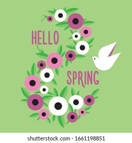 GREETING CARD SPRING DOVE FLOWERS ON A GREEN BACKGROUND