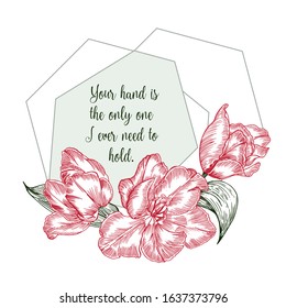 Greeting card with Spring flower bouquet of tulips in red and green colors on white background Vintage style Realistic botanical sketch pattern. Women, mother days design, 8 march Short Love Quotes